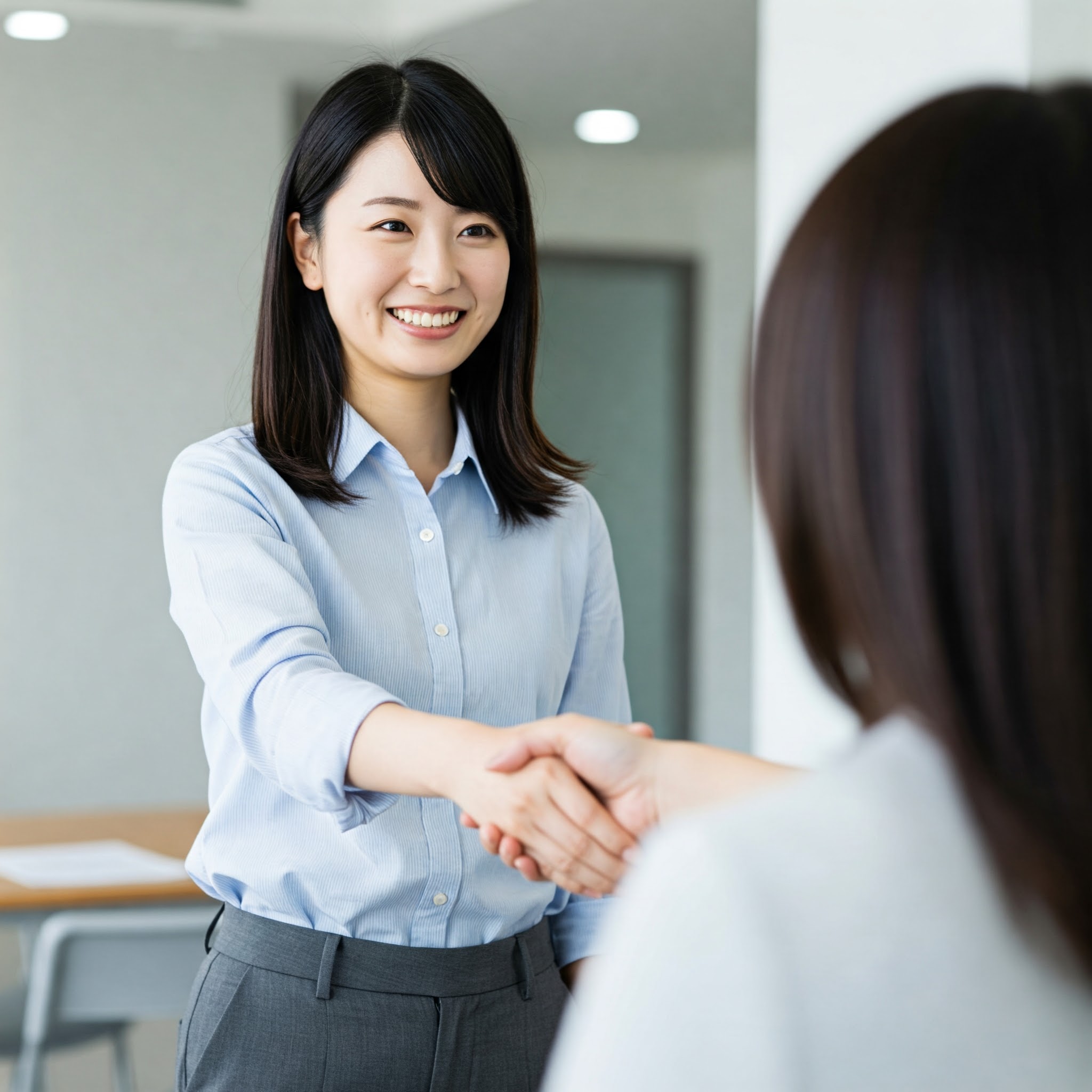 女性が笑顔で握手をする画像